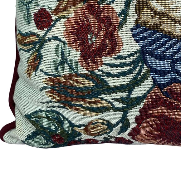 Rabbit & Floral Tapestry Throw Pillow Cover With Burgundy Trim 18x18 Inches - Picture 2 of 11